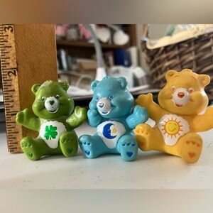 3 Care Bears Green, Blue, and Yellow plastic Mini Figures